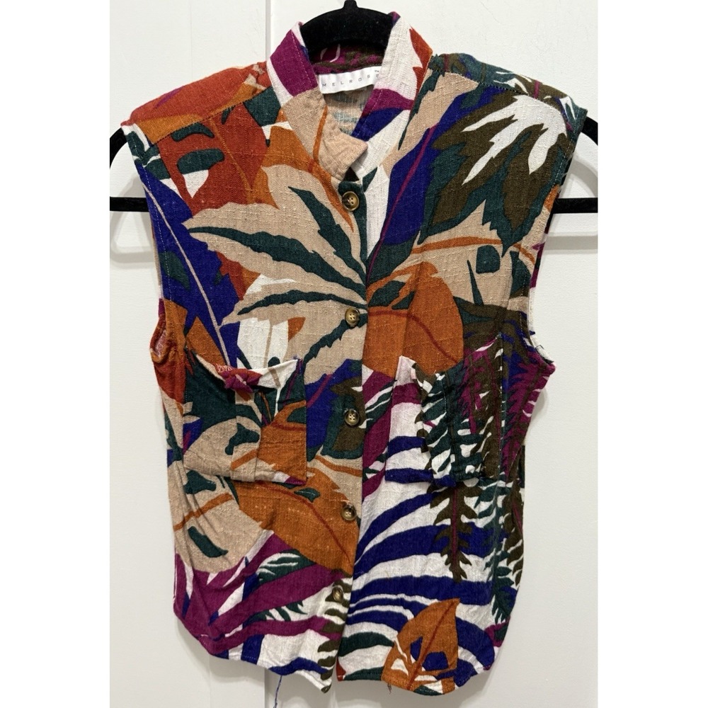 Vtg Melrose Size 9/10 Rayon/Flax‎ Tropical Print Sleeveless Button Up 80's